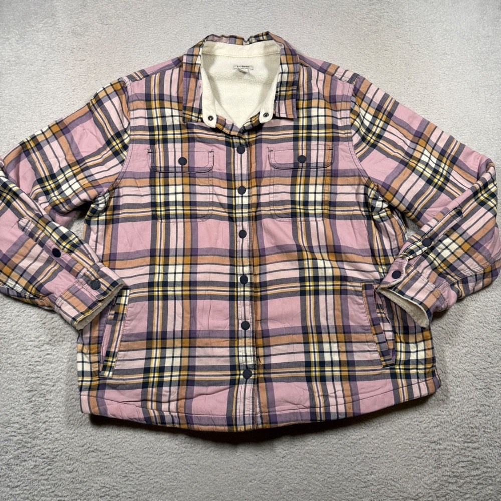 L.L.Bean Flannel Shirt Jacket Womens L Petite Pink Plaid Fleece Lined Shacket